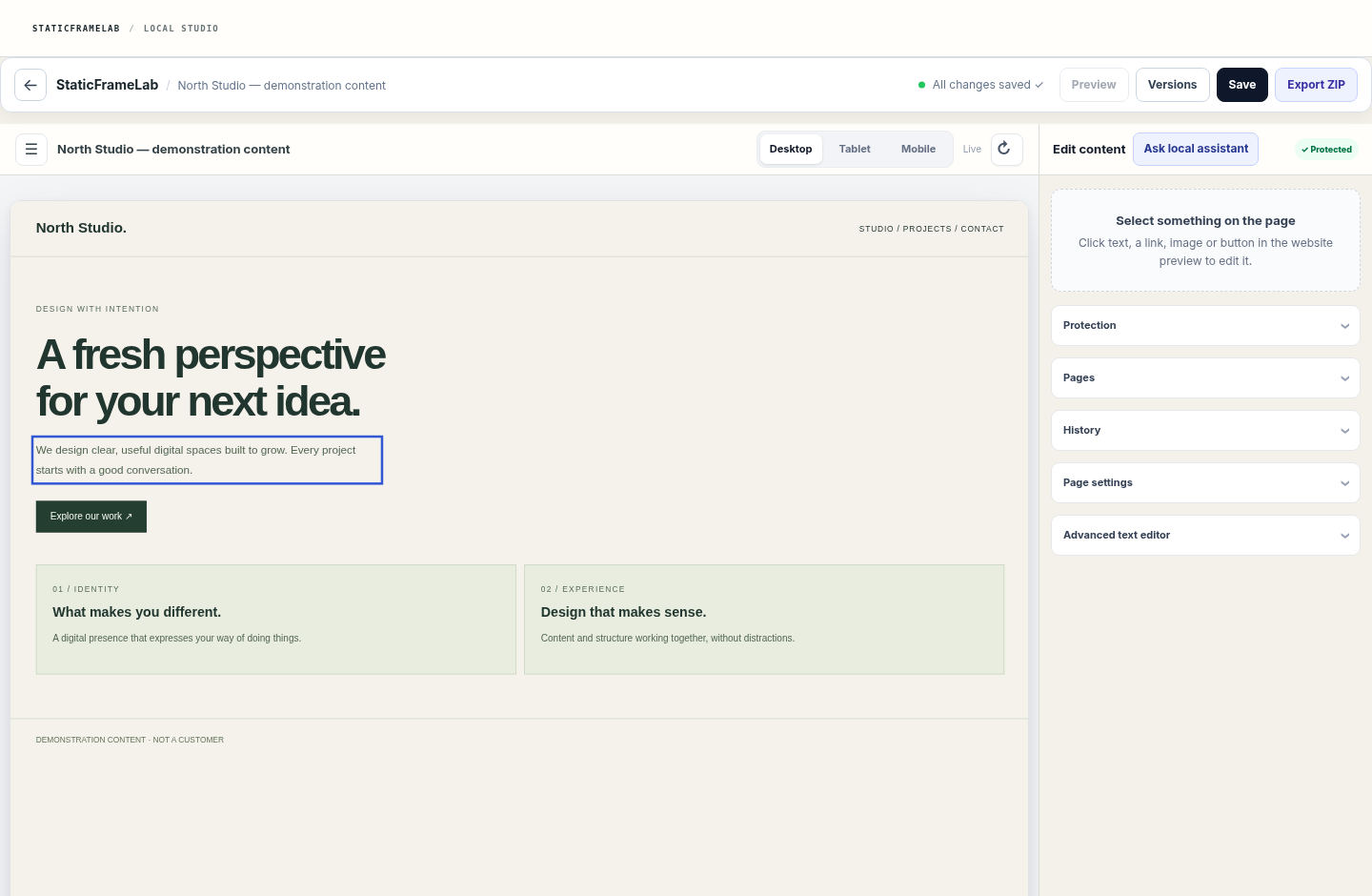 StaticFrameLab editor showing the page structure, editing controls and website preview side by side.