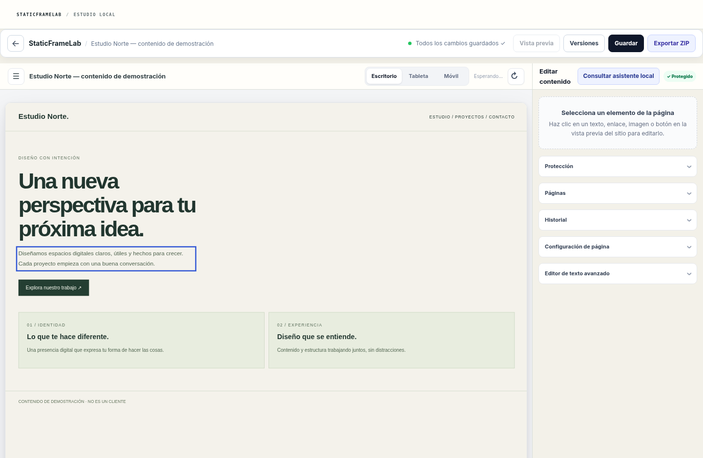 Editor de StaticFrameLab con la estructura de la página, los controles de edición y la vista previa de la web en paralelo.